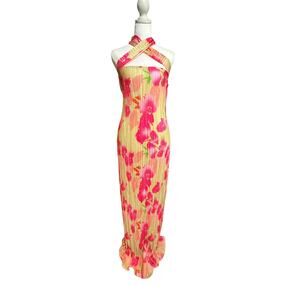 Pink and gold floral pleated maxi dress